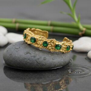 Vintage-Inspired Gold Cuff Bracelet | Green Zirconia Gems | 18K Gold Plated